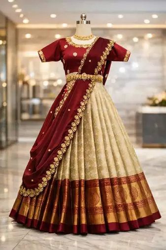 new latest maroon half saree south indian langa voni pattu pavadai lehenga choli for girls