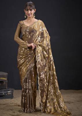 Golden color satin silk floral printed work designer saree 1