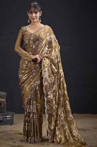 Golden color satin silk floral printed work designer saree
