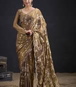 Golden color satin silk floral printed work designer saree