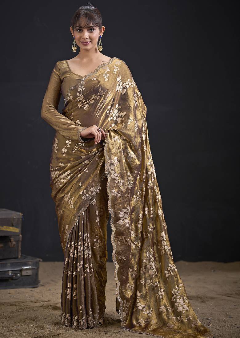 Golden color satin silk floral printed work designer saree
