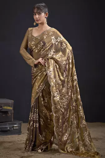 Golden color satin silk floral printed work designer saree