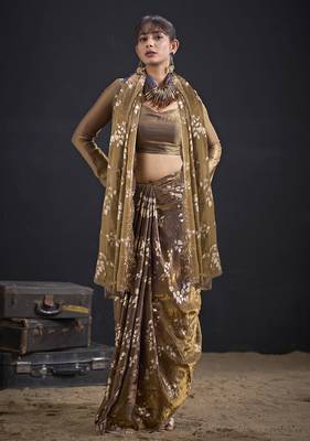 Golden color satin silk floral printed work designer saree 3