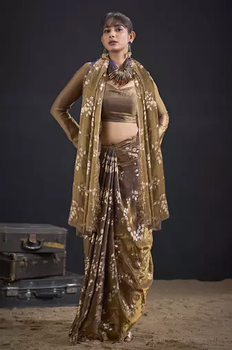 Golden color satin silk floral printed work designer saree