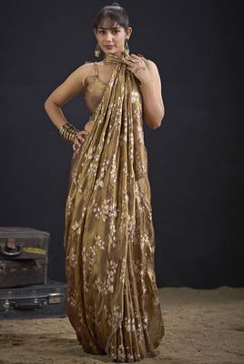 Golden color satin silk floral printed work designer saree 4