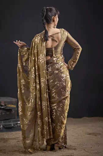 Golden color satin silk floral printed work designer saree
