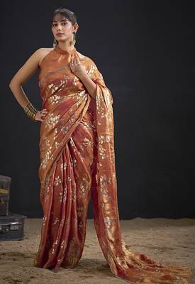 Orange color satin silk floral printed work designer saree 1