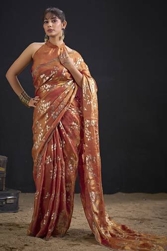 Orange color satin silk floral printed work designer saree