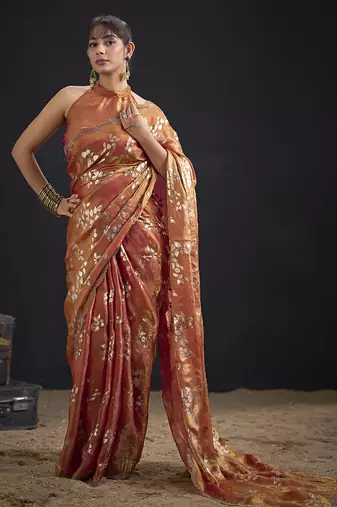 Orange color satin silk floral printed work designer saree