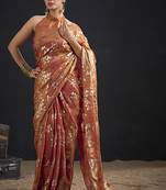 Orange color satin silk floral printed work designer saree
