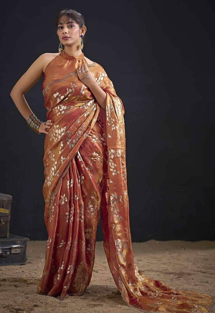 Orange color satin silk floral printed work designer saree