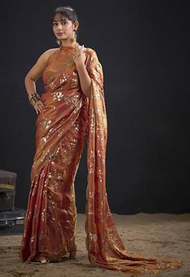 Orange color satin silk floral printed work designer saree 2