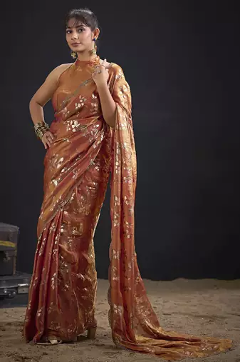 Orange color satin silk floral printed work designer saree