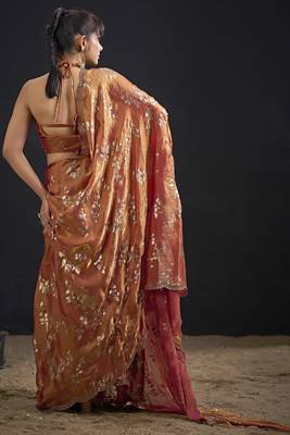 Orange color satin silk floral printed work designer saree 3