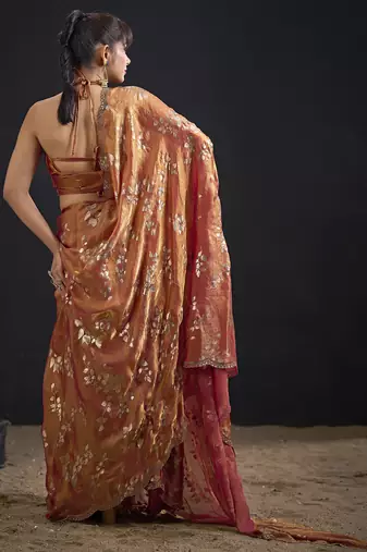 Orange color satin silk floral printed work designer saree