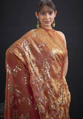 Orange color satin silk floral printed work designer saree 4