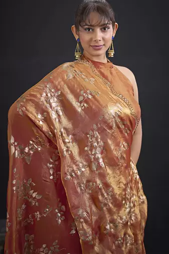 Orange color satin silk floral printed work designer saree