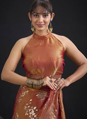 Orange color satin silk floral printed work designer saree 5