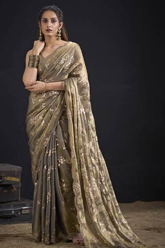 Grey color satin silk floral printed work designer saree