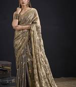 Grey color satin silk floral printed work designer saree