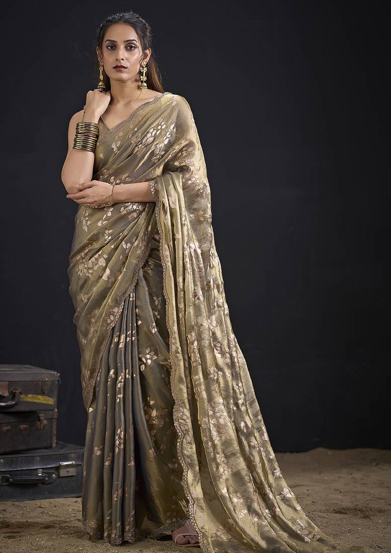 Grey color satin silk floral printed work designer saree