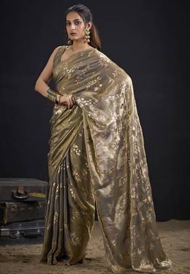 Grey color satin silk floral printed work designer saree 2