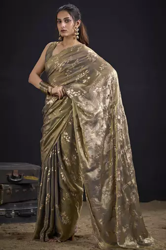 Grey color satin silk floral printed work designer saree