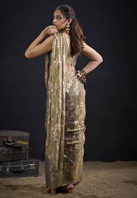 Grey color satin silk floral printed work designer saree 3