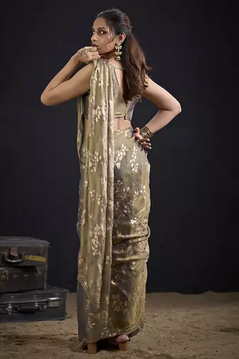 Grey color satin silk floral printed work designer saree