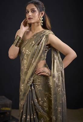 Grey color satin silk floral printed work designer saree 4