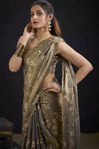 Grey color satin silk floral printed work designer saree