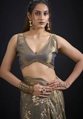 Grey color satin silk floral printed work designer saree 5