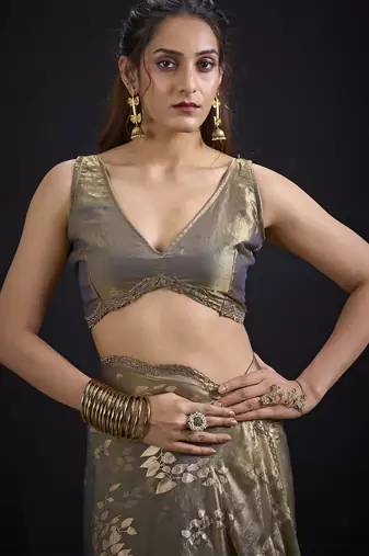Grey color satin silk floral printed work designer saree