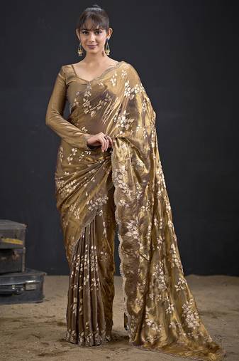 Brown color satin silk floral printed work designer saree