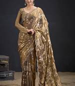 Brown color satin silk floral printed work designer saree