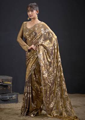 Brown color satin silk floral printed work designer saree 2