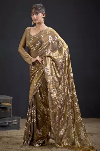Brown color satin silk floral printed work designer saree