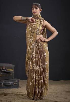 Brown color satin silk floral printed work designer saree 3