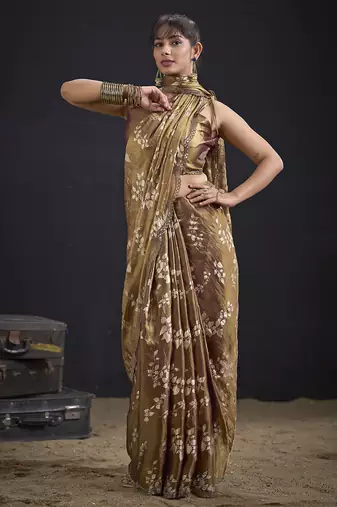 Brown color satin silk floral printed work designer saree