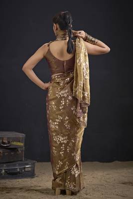 Brown color satin silk floral printed work designer saree 4