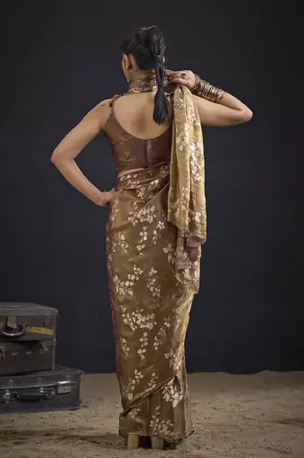 Brown color satin silk floral printed work designer saree