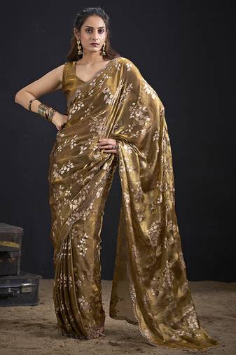 Golden color satin silk floral printed work designer saree