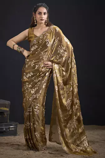 Golden color satin silk floral printed work designer saree