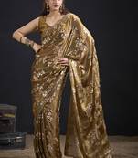Golden color satin silk floral printed work designer saree