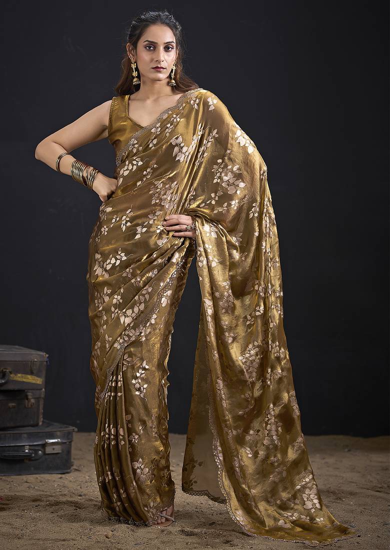 Golden color satin silk floral printed work designer saree