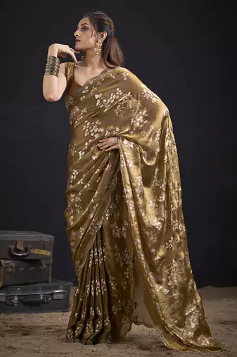 Golden color satin silk floral printed work designer saree