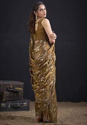Golden color satin silk floral printed work designer saree 3
