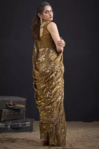 Golden color satin silk floral printed work designer saree
