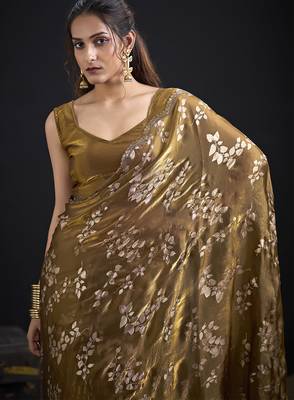 Golden color satin silk floral printed work designer saree 4