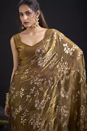 Golden color satin silk floral printed work designer saree